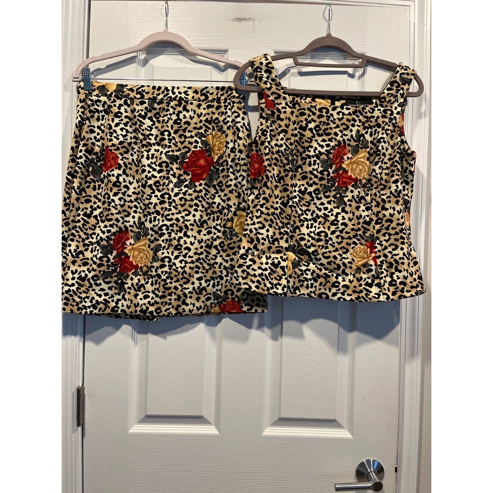 John Roberts Leopard Rose Print Skirt Set‎ 2 Piece Sleeveless Peplum Top Size 10